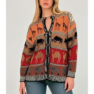 Marieakim Multi-Color Animal Knit V-Neck Button-Front Cardigan Sweater